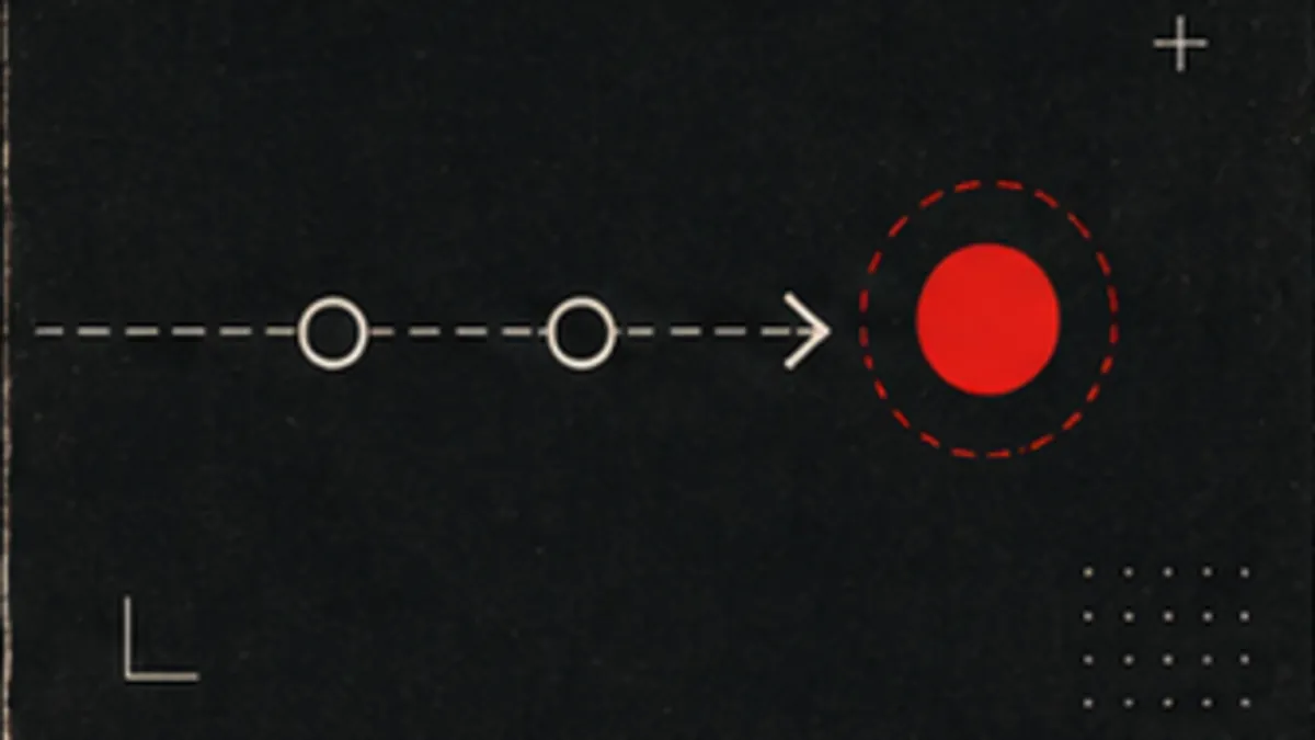 A dashed line stepping through waypoints into a solid red target.