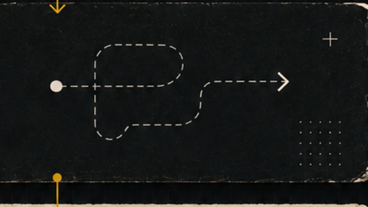 A dashed path winding through turns before straightening into an arrow.