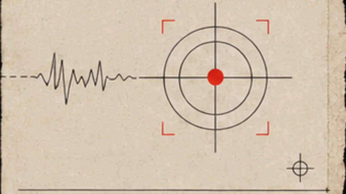 A flat signal spiking into a crosshair target locked on a red dot.