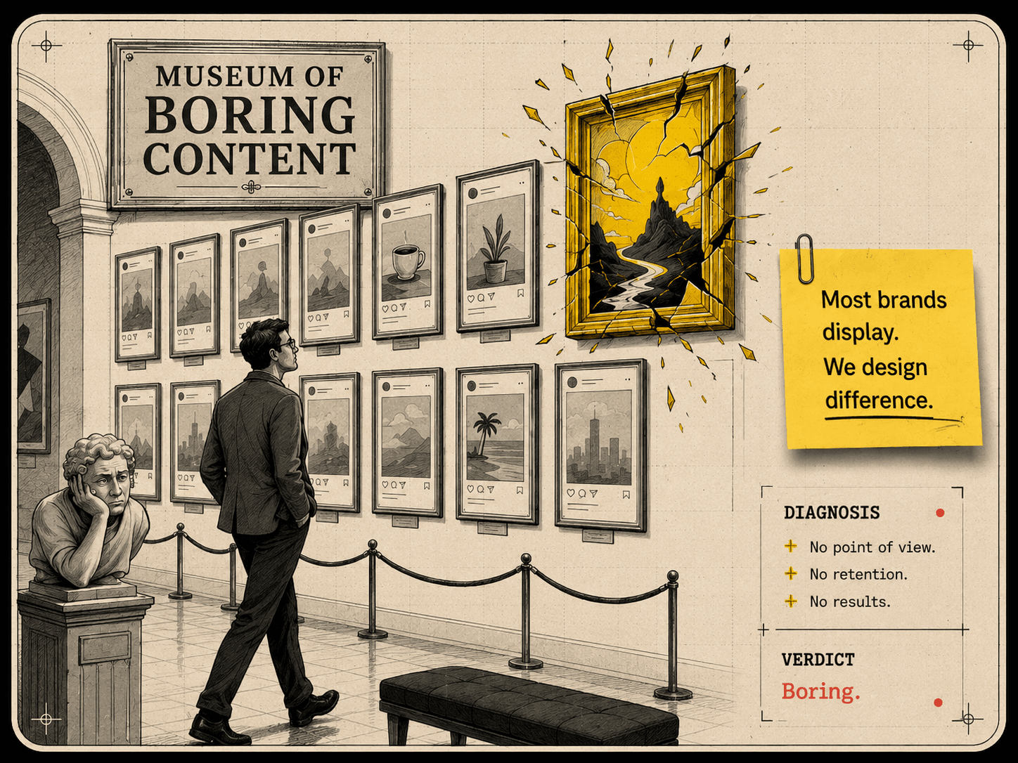 Museum of boring content. Handwritten note: “Most brands display. We design difference.” Diagnostic panel — Diagnosis: No point of view. No retention. No results.. Verdict: Boring..