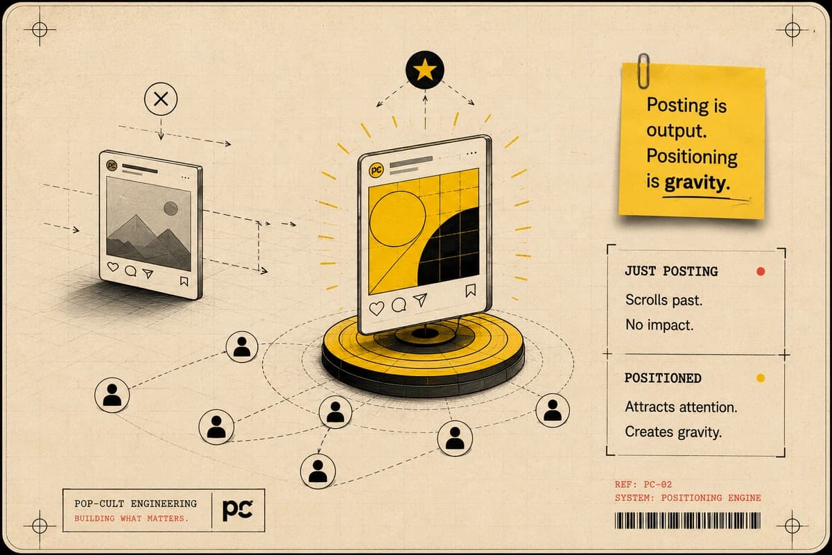 Positioning vs posting. Handwritten note: “Posting is output. Positioning is gravity.” Diagnostic panel — Just posting: Scrolls past. No impact.. Positioned: Attracts attention. Creates gravity..
