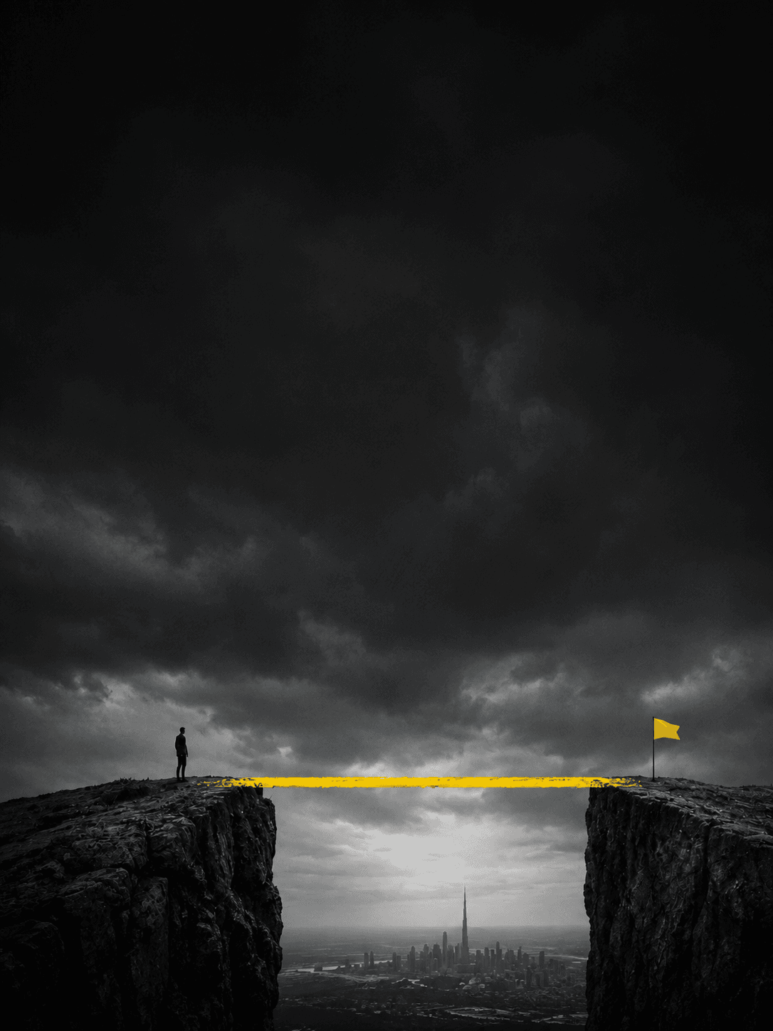 A lone figure on a cliff edge looking across a gap toward a yellow flag planted on the opposite cliff, with a city far below.